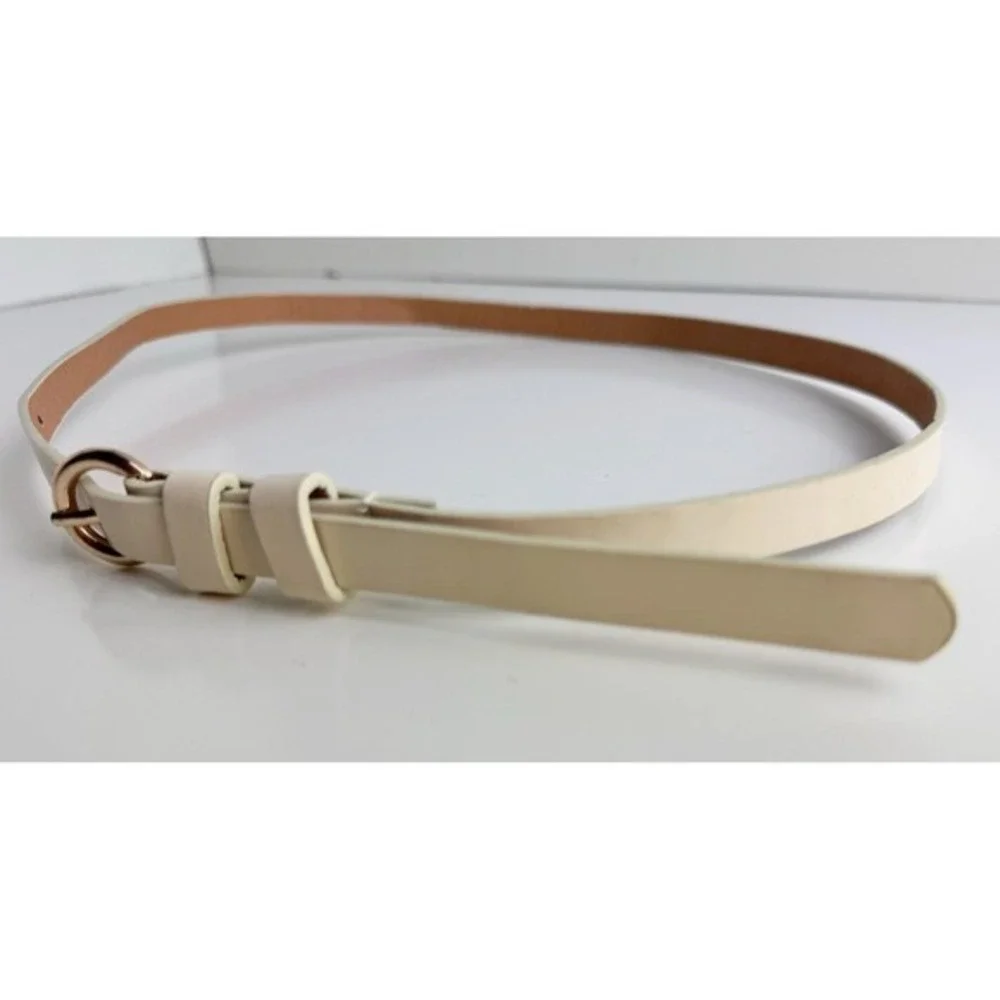 Womens‎ Skinny Cream Faux Leather Belt Gold Round Buckle Off White Cinch Belt